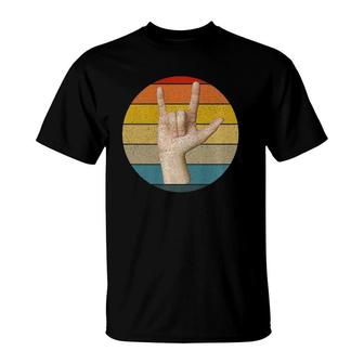Sign Language I Love You Asl In Retro Vintage Stripes Design T-Shirt - Seseable
