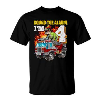 Sound The Alarm Im 4 Dinosaur Firefighter 4Th Birthday Boys T-Shirt | Seseable UK