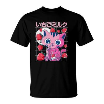 Strawberry Cat 90S Vaporwave Japanese Strawberry Milk Kawaii T-Shirt - Seseable