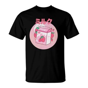 Strawberry Milk Shake Carton Pink Funny Japanese Retro 90S T-Shirt - Seseable