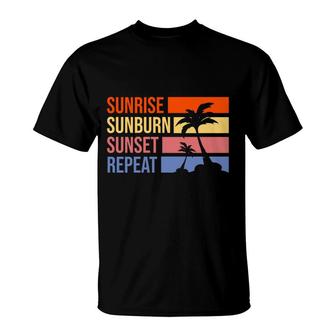 Sunrise Bunburn Sunset Repeat Summer Enistle Beach Retro Sunset T-Shirt - Seseable