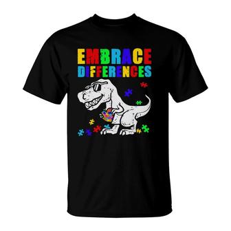 T Rex Dinosaur Embrace Differences Autism Awareness Boy Kids T-Shirt | Mazezy