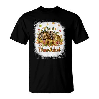 Thankful Thanksgiving Autumn Leopard Sunflower Pumpkin T-Shirt - Seseable