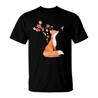 The Cute Fox And Hummingbird Cherry Blossom Flower Present T-Shirt | Mazezy