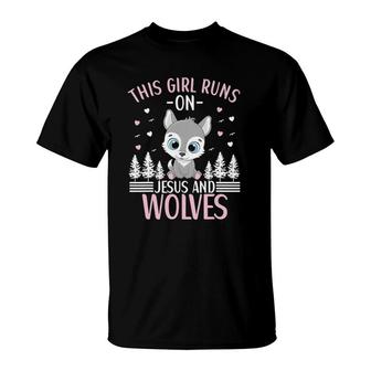 This Girl Runs On Jesus And Wolves Cute Wolf Animal Wildlife T-Shirt | Mazezy