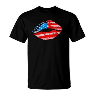 Vintage American Flag Lips 4Th Of July Patriotic Usa Day T-Shirt - Seseable