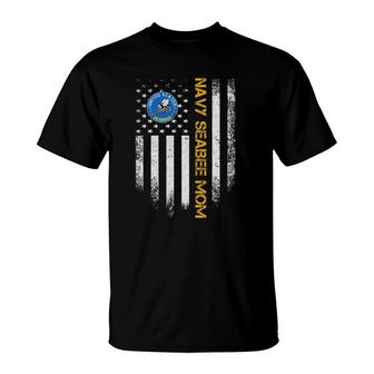 Vintage Usa American Flag Proud Us Navy Seabee Veteran Mom T-Shirt - Seseable