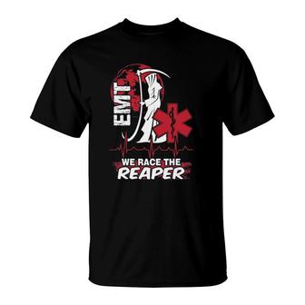 We Race The Reaper Funny Emt T-Shirt | Mazezy