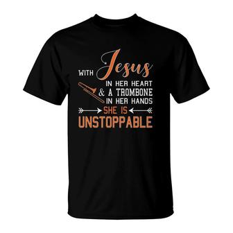 With Jesus In Her Heart And A Trombone Hands She Is T-Shirt | Mazezy DE
