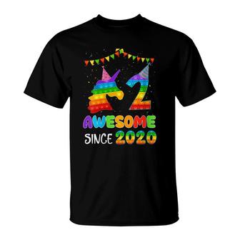 Womens Awesome Since 2020 Pop It Fidget Unicorn 2Nd Birthday T-Shirt - Seseable