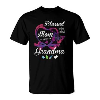 Womens Blessed Grandma Mom Grand Kid Plus Size Butterflies Graphic T-Shirt - Seseable