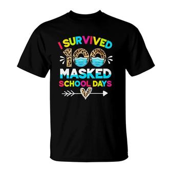 Womens I Survived 100 Masked School Days Funny 100Th Day Of School V-Neck T-Shirt | Mazezy