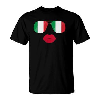 Womens Italy Flag Sunglasses Lips Italia Flags Italian Women Girl T-Shirt - Seseable