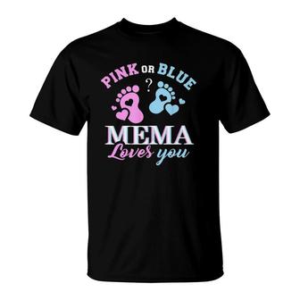 Womens Pink Or Blue Mema Loves You Baby Gender Reveal Party Shower T-Shirt - Seseable