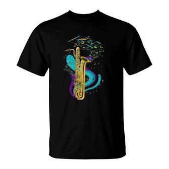 Womens Saxophonist Jazz Musical Instrument Music Notes Saxophone V-Neck T-Shirt | Mazezy