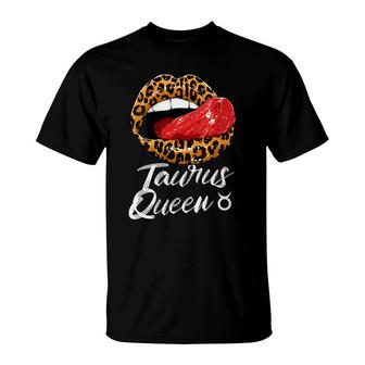 Womens Taurus Queen Zodiac Sign With Leopard Print Juicy Lips T-Shirt - Seseable