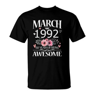 Womens Womens 30 Years Old In March 1992 Floral 30Th Birthday Women V-Neck T-Shirt - Seseable