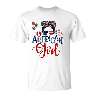 All American Girl 4Th Of July Messy Bun Sunglasses Usa Flag T-Shirt - Seseable