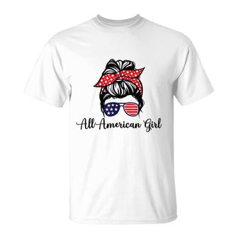All American Girl 4Th Of July Usa Flag Sunglasses Messy Bun T-Shirt | Seseable CA