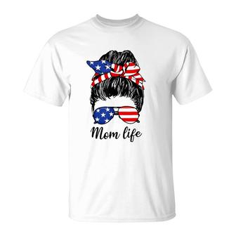 American Flag 4Th Of July Mom Life Messy Bun Mothers Day T-Shirt - Seseable