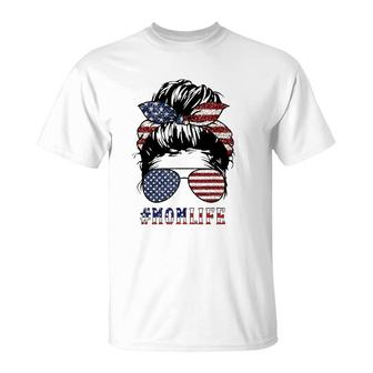 American Mom Life Messy Bun 4Th Of July Sunglasses Usa Flag T-Shirt - Seseable