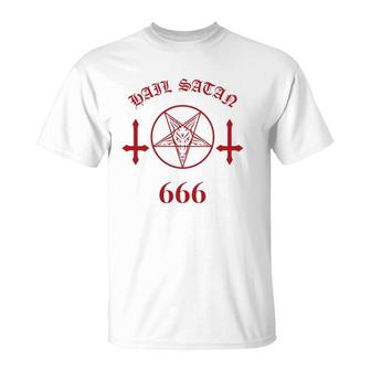 Blood Red Satanic Pentagram Hail Satan 666 Upside Down Cross T-Shirt | Mazezy