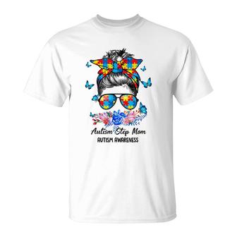 Blue Ribbon Butterfly Step Mom Messy Bun Autism Awareness T-Shirt - Seseable