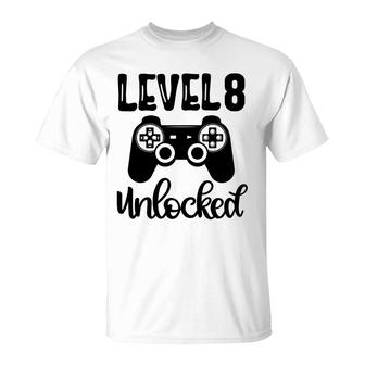 Congratuations Level 8 Unlocked Black Version And Happy 8Th Birthday T-Shirt - Seseable