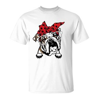 Cute English Bulldog Red Plaid Headband And Glasses T-Shirt | Mazezy