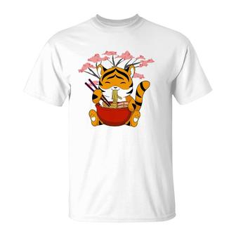Cute Tiger Ramen Noodles Sakura Flowers Chinese Character T-Shirt | Mazezy
