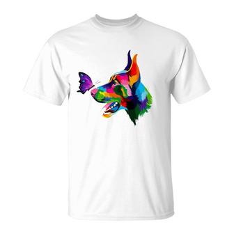 Doberman Dog Colored Dobie Colorful Butterflies Doberman T-Shirt | Mazezy
