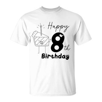 Happy 8Th Birthday Black Version With Beautiful Cake T-Shirt - Seseable
