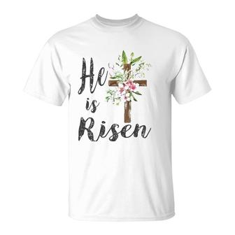 He Is Risen Floral Cross Vintage Happy Easter 2022 Gift T-Shirt | Mazezy