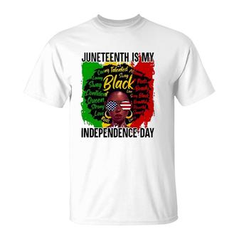 Juneteenth Is My Independence Day Black Queen American Flag Sunglasses T-Shirt - Seseable