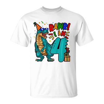 Kids 4Th Birthday Boy Dinosaur Rawr I Am 4 Years Old T-Shirt - Seseable