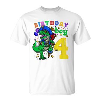Kids 4Th Birthday Pirate Dinosaur Birthday Boy 4 Years Old T-Shirt - Seseable