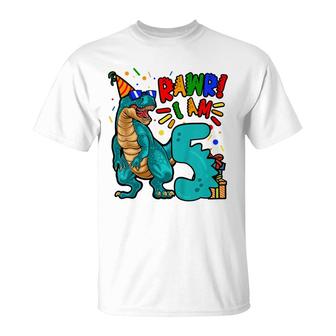 Kids 5Th Birthday Boy Dinosaur Rawr I Am 5 Years Old T-Shirt - Seseable
