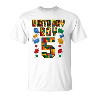 Kids 5Th Birthday Master Builder 5 Years Old Block Building Boys T-Shirt - Seseable
