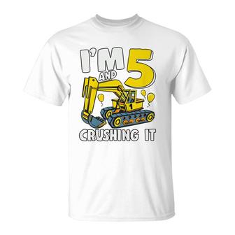Kids Im 5 And Crushing It 5 Years Boys 5Th Birthday Excavator T-Shirt - Seseable