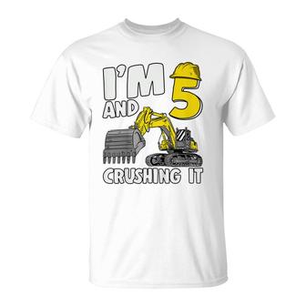Kids Im 5 And Crushing It 5 Years Boys Excavator 5Th Birthday T-Shirt - Seseable