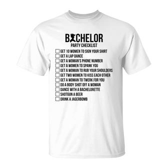 Mens Groomsmen Groom Squat Men Bachelor Supplies Party Checklist T-Shirt - Seseable