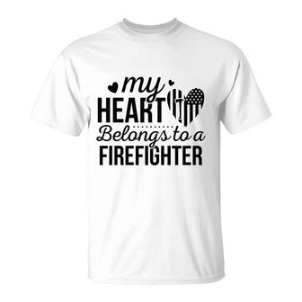 My Heart Belongs To A Firefighter Full Black T-Shirt - Seseable