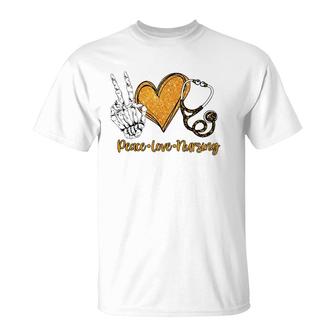 Peace & Love & Nursing Proud Healthcare Nurse Job Pride T-Shirt - Seseable