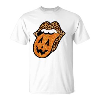 Pumpkin Tongue With Leopard Lips Halloween Gift Women Girl T-Shirt - Seseable