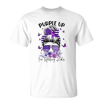 Purple Up For Military Kids Child Month Messy Bun Floral T-Shirt - Seseable
