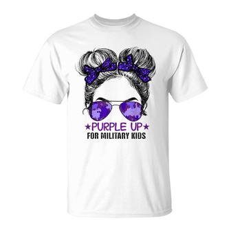 Purple Up For Military Kids - Cute Messy Bun Military Kids T-Shirt - Seseable
