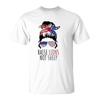 Raise Lions & Not Sheep American Flag Sunglasses Messy Bun T-Shirt - Seseable