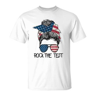 Rock The Test Messy Bun Teacher Test Day Testing Day Teacher T-shirt - Thegiftio UK