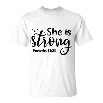 She Is Strong Bible Verse Black Graphic Great Christian T-Shirt - Seseable