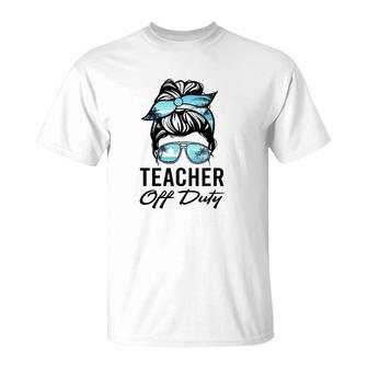 Teacher Off Duty Messy Bun Sunglasses Beach Sunset T-Shirt - Seseable